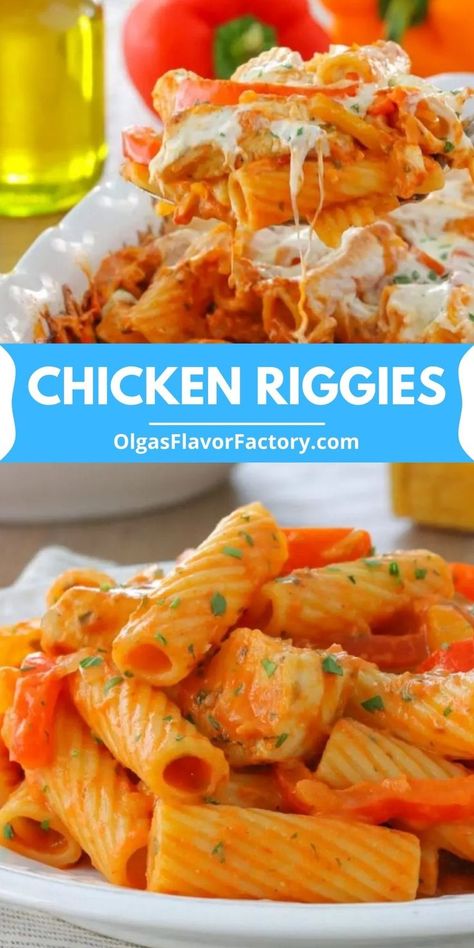 Chicken Riggies Recipe, Chicken Riggies, Chicken And Peppers, Lentil Sausage Soup, Pink Sauce, Rigatoni Pasta, Ground Chicken Recipes, Skillet Dinners, Creamy Tomato Sauce