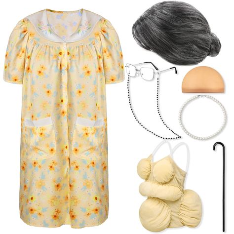 PRICES MAY VARY. Old Lady Dress up Costume Set: you will get 1 piece of women front closure housedress printed with flowers, 1 piece of adult fat suit, 1 granny wig, 1 grandma wig cap, 1 pair of granny glasses, 1 eyeglass chain, 1 granny faux pearl beads necklace and 1 adjustable crutch, 8 pieces of items in total, enough to play the role of an old lady at a party, suitable for cosplay, saving your time and energy in matching Cute Housedress: this old lady costume is made of cotton and polyester Cotton Ball Old Lady Wig, Old Lady Wig For Kids, Simple Halloween Costumes For Woman 60 Years Old Heavy Weight, Grandma Costume Robe, Old Lady Cotton Ball Wig, Crochet Old Lady Wig Pattern, Crochet Old Lady Wig Free Pattern, If You Give A Mouse A Cookie Teacher Costume, Costumes For 50 Year Old Women