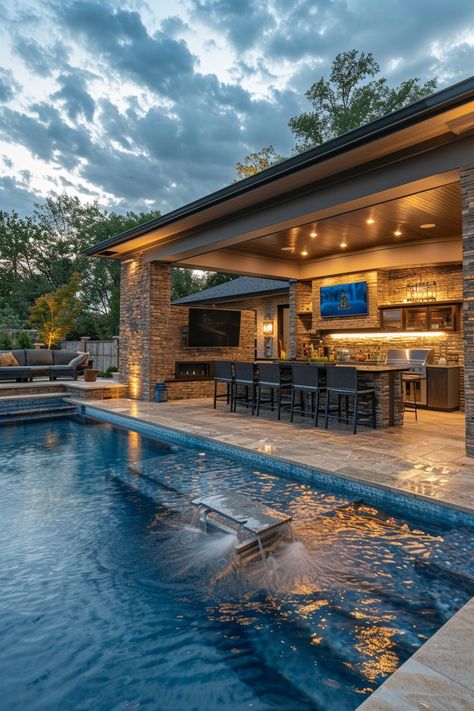 29 Outdoor Kitchen Ideas for a Stunning Backyard - My Elegant Home Pool Kitchen Ideas, Family Pool Ideas, Outdoor Kitchen Pool Area, Outdoor Entertaining Area Pool, Pool House Bar, Dream Backyard Pool, Modern Outdoor Kitchen, Outdoor Furniture Ideas, Outdoor Living Rooms