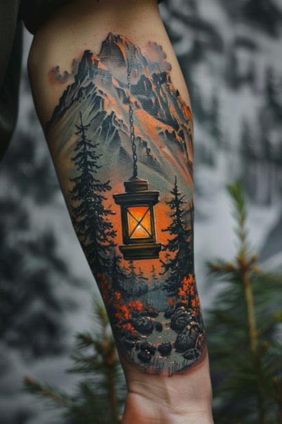 23+ Mountain Tattoo Design Ideas Picture Within A Picture Tattoo, Shoulder Mountain Tattoo, Japanese Mountain Tattoo, Climber Tattoo, Landscape Tattoo Design, Lantern Tattoos, Mountain Sleeve Tattoo, Scenic Tattoo, Forest Forearm Tattoo