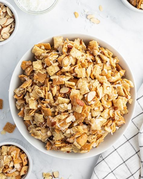 Coconut Almond Chex Mix - Like Mother Like Daughter Sweet Chex Mix, Sweet Chex, Melted Caramel, Chocolate Chex, Chex Mix Recipes, Like Mother Like Daughter, Coconut Almond, Chex Mix, Salty Snacks