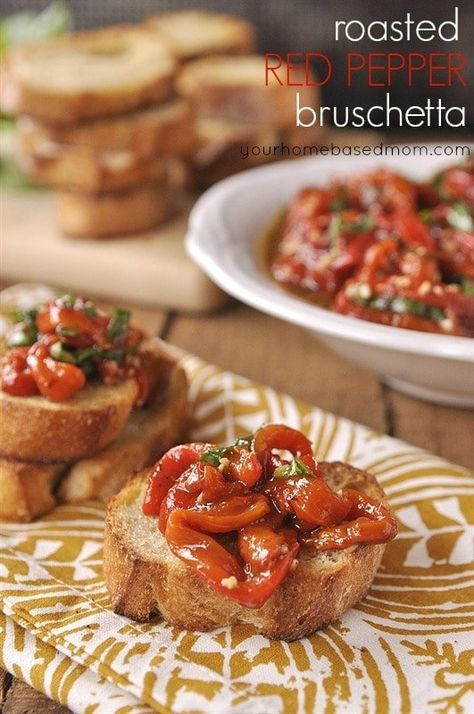 Roasted Red Pepper Bruschetta Red Pepper Bruschetta, Pepper Bruschetta, Gluten Free Puff Pastry, Bruschetta Recipe, Roasted Red Pepper, Breakfast Cookies, Roasted Red Peppers, Appetizers For Party, Red Pepper