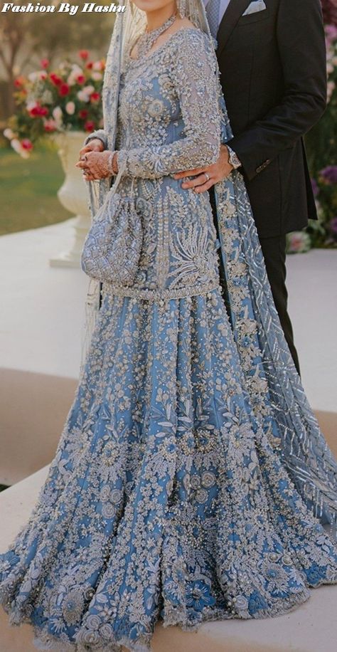 Top Trending Sky Blue Fancy Dresses Stylish Design Traditional Collection 2023 | For More Designs Click on our YouTube link...? Light Blue Pakistani Wedding Dress, Valima Dress For Bride, Walima Dresses Pakistani Brides, Waleema Dress, Valima Dress, Blue Bridal Dress, Pakistani Bridal Couture, Pakistan Wedding, Walima Dress