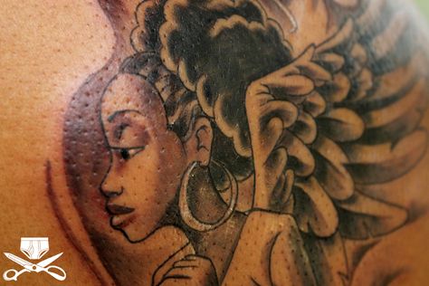 Black Angels Tattoo, Angel Whispering In Ear Tattoo Design, Black Angel Tattoo, African American Tattoos, Tattoo Written, African American Mermaid, Guardian Angel Tattoo, Beautiful Black Babies, Black Angel