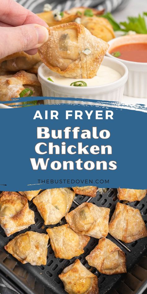 A creamy, cheesy, and spicy buffalo chicken filling wrapped in a crispy wonton. These air fryer buffalo chicken wontons are quick and easy. Made with simple ingredients, they are ready in about 25 minutes. The air fryer makes the wontons extra crispy, and the filling is hot and cheesy. Served with a blue cheese dip or hot sauce, these crispy wontons are the perfect finger food for an appetizer or snack. Buffalo Chicken Dip Wontons, Air Fryer Chicken Wontons, Buffalo Chicken Dip Air Fryer, Buffalo Chicken Dip Bites Air Fryer, Wonton Wrapper Air Fryer Recipes, Buffalo Chicken Wontons Air Fryer, Wonton Air Fryer Recipes, Air Fryer Cream Cheese Wontons, Wonton Wrapper Recipes Air Fryer