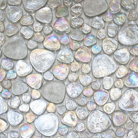 Iridescent Pebble Glass Mosaic – tiledaily Irredescent Tile Bathroom, Mermaid Tile Bathroom, Mosaic Shower Tile, Glass Tile Bathroom, Diy Bathroom Storage, Iridescent Color, Bathroom Floor Tiles, Minimalist Bathroom, Glass Mosaic Tiles