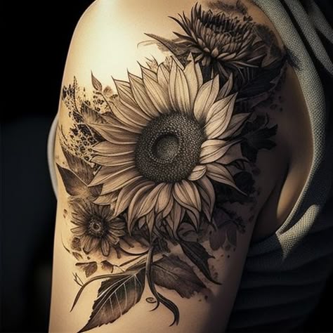 89 Sunflower Tattoo Ideas - TattooClue.com Sunflower Tattoo On Buttcheek, Sunflower Gladiolus Tattoo, Sunflower Black Tattoo, Sunflower Mandala Tattoo Design, Sunflower Strength Tattoo, Colorful Flower Tattoos For Women, Sunflower And Butterflies Tattoo, Sunflower Bird Tattoo, Sunflower Thigh Tattoos Women