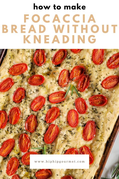 baked foccacia with cherry tomatoes and herbs on a baking sheet No Knead Focaccia Bread, No Knead Foccacia Bread Recipes, No Knead Foccacia Bread, Homemade Foccacia Bread, Easiest Homemade Bread, Adventurous Recipes, No Knead Focaccia, Foccacia Bread, Focaccia Bread Recipe