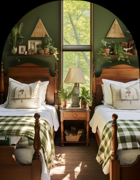 40+ Stunning Farmhouse Bedroom Ideas for a Rustic Retreat Camp House Ideas Interiors, Woodland Guest Bedroom, Bunk Room Bedding Ideas, Farmhouse Twin Bedroom Ideas, Fishing Cabin Bedroom, Twin Bed For Boys, Log Cabin Themed Bedroom, Camp Inspired Bedroom, Cute Cabin Decor