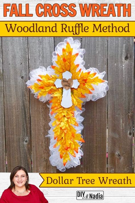 Deco Mesh Fall Cross Wreath | Dollar Tree wreath 6 inch mesh Woodland Ruffle method Cruffle #wreath Wire Cross Wreath Frame Ideas, Mesh Cross Wreath How To Make, Deco Mesh Cross Wreath Diy, Cross Wreaths, Cross Wreath Diy, Dollar Tree Wreath, Ruffle Wreath, Adult Activities, Fall Deco Mesh Wreath