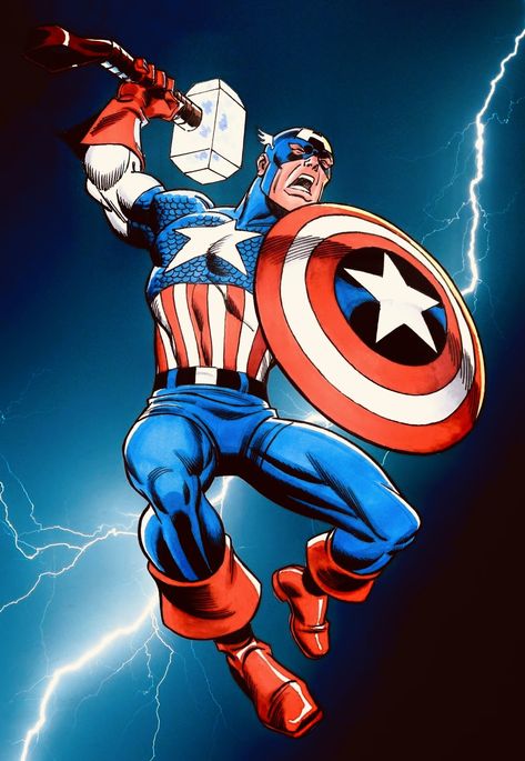 Captain America With Mjolnir, Captain America Mjolnir, Capitan America Wallpaper, Captain Marvel Wallpaper, Captain America Artwork, Captain America Pictures, Captain America Motorcycle, Captain America Drawing, Captain America Comic Art