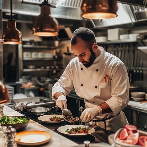 "Chef Plating Dish: Focused #ChefLife meticulously garnishes a dish in a professional kitchen, demonstrating #CulinarySkills and finesse. #FoodPhotography #PlatingArt #Gourmet #AIArt #AIPhoto #StockImages ⬇️ #Download and 📝 #Prompt 👉 https://stockcake.com/i/chef-plating-dish_746223_793483" Gourmet Food Presentation, Chef Plating, Culinary Photography, Chef Styles, Culinary Art, Kitchen Plate, 99 Design, Modern Website, Food Photography Styling