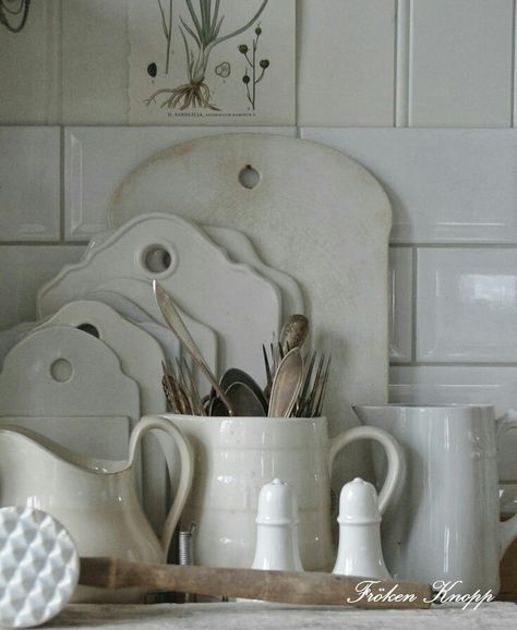 ♥•♥•my  white cottage Kitchen Shades, French Enamelware, Kitchen Vignettes, Vibeke Design, Iron Stone, Ivy House, French Porcelain, Cheese Boards, White Dishes