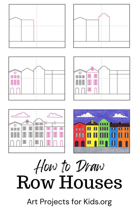 Inside you'll find an easy step-by-step How to Draw Row Houses Tutorial. Stop by and download yours for free. #howtodraw #artprojectsforkids #rowhouses How To Draw Houses Step By Step, How To Draw Buildings Step By Step, Draw Buildings, Trin For Trin Tegning, Cityscape Drawing, Comic Book Layout, House Colouring Pages, Row Houses, 6th Grade Art