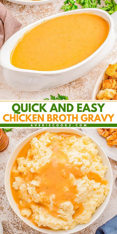 Want more Christmas dinner ideas? Learn how to make chicken gravy using broth in this Christmas side dish recipe! Smooth and rich, buttery and flavorful, this Easy Chicken Broth Gravy is just perfect. Save this pin! How To Make Gravy With Chicken Broth, Recipes With Chicken Broth Easy, Cream Of Chicken Soup Gravy, Chicken Broth Uses, Homemade Chicken Gravy Recipe, Roast Chicken Gravy, Easy Chicken Gravy Recipe, How To Make Chicken Gravy, Gravy With Chicken Broth