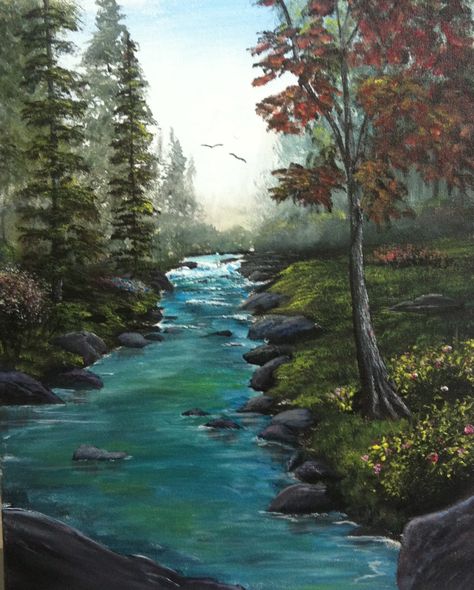 Forest With River Painting, Painting Of River Landscapes, River And Trees Painting, River Stream Drawing, Creek Painting Easy, River Canvas Painting, Flowing River Painting, River Water Painting, Winding River Painting