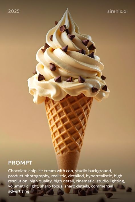 chocolate chip ice cream | ice cream cone | product photography | realistic | detailed | hyperrealistic | high resolution | high quality | high detail | cinematic | studio lighting | volumetric light | sharp focus | sharp details | commercial advertising | #midjourney #midjourneyart #prompt #prompts #digitalillustration Midjourneyart Prompt, Chocolate Chip Ice Cream, Ice Cream Ice, Studio Background, Studio Lighting, Ice Cream Cone, Product Photography, Chocolate Chip, Resolution