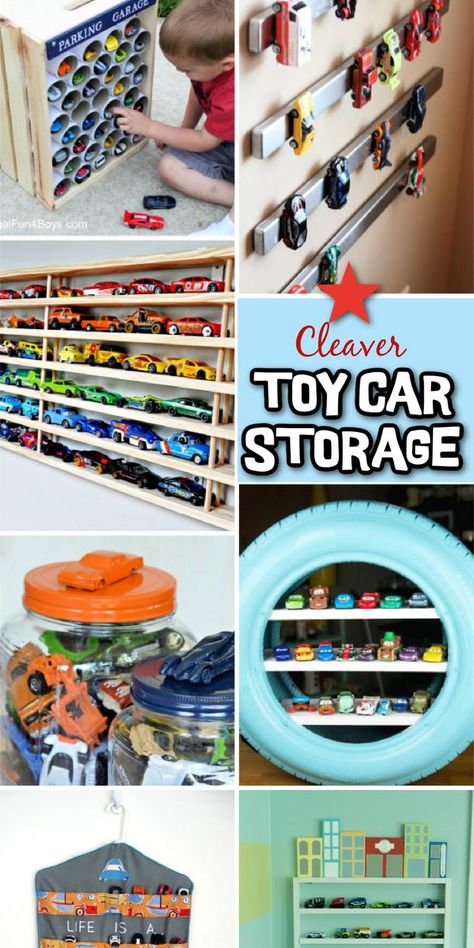 Clever car storage - Kids Activities Blog - collage of images of bright and creative toy car storage ideas like big tire, toilet roll and magnetic car hanging. Hot Wheels Storage Ideas, Hot Wheels Cars Storage, Matchbox Car Storage, Wheel Storage, Hot Wheels Storage, Toy Car Garage, Toy Car Storage, Kids Bedroom Storage, Hot Wheels Cars Toys