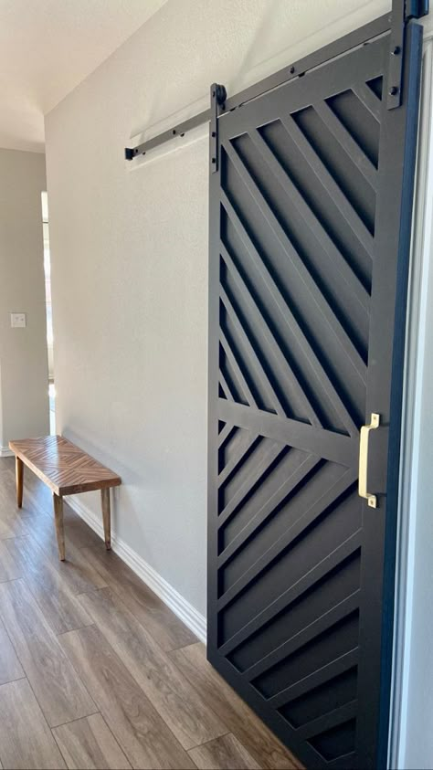 Herringbone Closet Doors, Unique Barn Door, Rustic Barn Doors, Corner Barn Doors, Herringbone Barn Door, Chevron Barn Door, Barn Door Ideas, Temporary Door, Industrial Barn Door