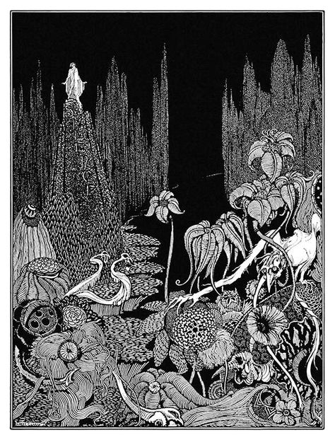 In a landscape made of sprawling vegetation, grim-looking animals, and tall trees, a figure stands at the top of a pyramid bearing the word silence on its side Harry Clarke Illustration, Dinner Meatless, Tales Of Mystery And Imagination, Old Book Illustrations, Pen And Ink Illustrations, Brothers Grimm Fairy Tales, Harry Clarke, Imagination Art, Aubrey Beardsley