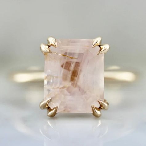 Invite Only Pink Emerald Cut Opalescent Sapphire Ring - Gem Breakfast Light Pink Engagement Ring, Pink Emerald Cut Ring, Ethereal Engagement Ring, Dreamy Rings, Opalescent Sapphire, Frosted Cake, Peach Sapphire Engagement Ring, Jewellery Photography, Pink Emerald