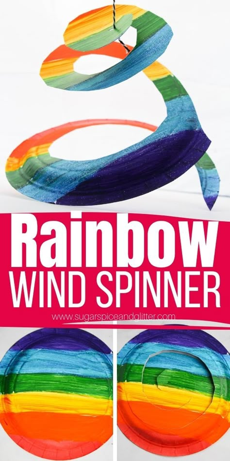 How to Make Paper Plate Wind Spinners Wind Craft For Kindergarten, Tawhirimatea Activities, Paper Plate Wind Spinner, Diy Whirligig Wind Spinners, Wind Kindergarten Activities, Rainbow Spinner Craft, Paper Plate Spinner, March Winds Crafts Kids, Wind Art Preschool