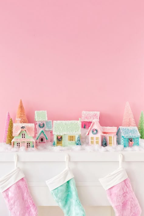 DIY Colorful Christmas Village Colorful Christmas Village, Pastel Christmas Decor, Christmas Village Accessories, Diy Christmas Village, Christmas Village Houses, Studio Diy, Pink Christmas Decorations, Navidad Diy, Colorful Christmas