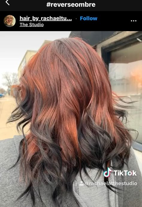 Ginger To Black Hair, Ginger Hair Black Underneath, Ginger Hair With Dyed Ends, Natural Red Hair With Black Underneath, Copper Hair With Black Underneath, Copper Hair With Black Money Piece, Ginger With Dark Highlights, Hair Dye Ideas For Redheads, Red Fox Hair Color