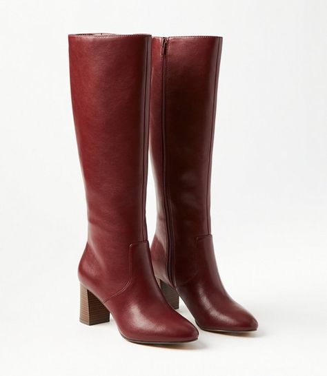 Burgundy Tall Boots, Knee High Fall Boots, Narrow Calf Boots Woman Slim Calves, Red Boots Fall, Burgundy Leather Boots, Dark Red Boots Outfit, Outfit With Red Boots, Womens Boots For Fall, Red Gogo Boots