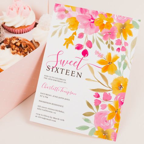 Sweet Sixteen Birthday Invitations, 25 Birthday, Pink Floral Watercolor, Quince Decorations, 16th Birthday Invitations, Sixteenth Birthday, Spring Birthday, Yellow Sunflowers, Sweet 16 Birthday Party