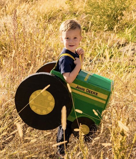 DIY Tractor Cardboard & Duct Tape Kids Costume — em victory studio Tractor Costume, Duct Tape Costumes, Monster Truck Costume, Cardboard Truck, Wagon Costume, Mario Kart Costumes, Farm Costumes, Diy Tractor, Boys Halloween Costumes Diy