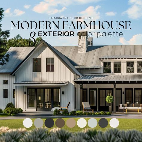 Explore the Modern Farmhouse EXTERIOR House Paint with Sherwin Williams' Color Palettes, offering a versatile exterior color schemes that combines timeless elegance and contemporary style for your home's exterior. These Exterior Color Palette have been hand selected by me to create a cohesive Paint Color Scheme that work perfectly together and will give your exterior home a designer touch.  Let's be honest, getting names and codes of a color scheme is not enough to guaranty a professional and un Siding Colors For Ranch Style Houses, Lake House Color Palette Exterior, House Paint Exterior Colour Schemes Sherwin Williams, Tin House Exterior Metal Siding, White House Dark Trim, Gable House Exterior, Exterior Farmhouse Paint Colors, Painting House Exterior, Exterior Farmhouse Colors