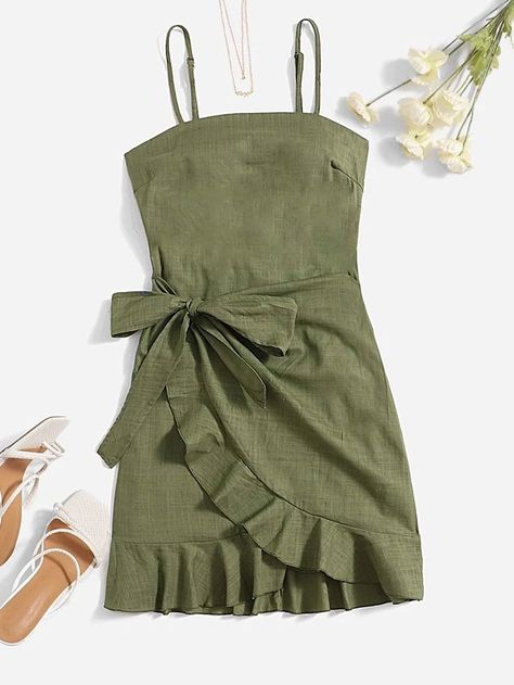 Green Dress Shein, Army Green Dress Outfit, Green Dress Outfit, Green Sundress, Army Green Dress, Sage Green Dress, Black And White Baby, Fashion Drawing Dresses, Fits Clothes