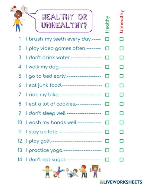 Healthy or unhealthy activity Unhealthy Food For Kids Activities, Healthy Unhealthy Food Worksheet, Healthy And Unhealthy Food Activities, Healthy Habits Worksheet, Healthy And Unhealthy Food Worksheet, Health Education Activities, Health Activities For Kids, Healthy Habits Activities, Healthy Habits For Kids