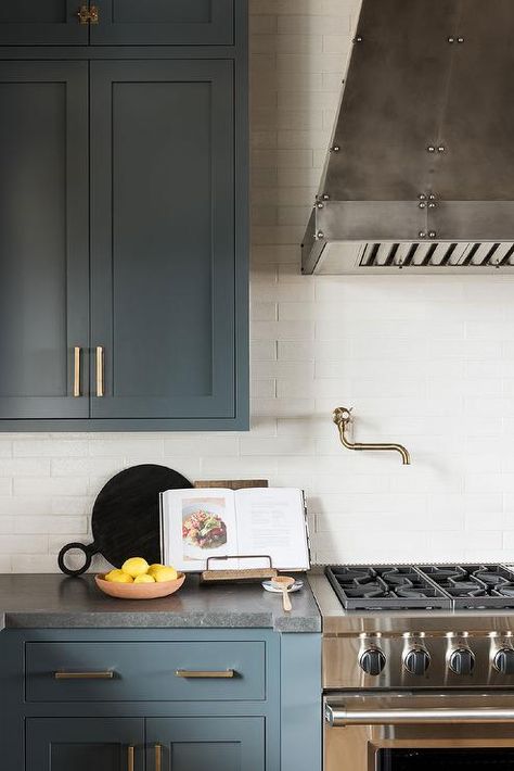 Small Ranch House Interior Design, Sm Ranch House, Theme House, Gray Tile Backsplash, Dark Blue Kitchens, Blue Kitchen Designs, Inset Cabinetry, Blue Kitchen Cabinets, White Kitchen Island