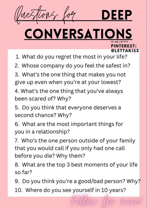 questions for deep conversations Question For Deep Conversation, Couple Deep Talk Questions, Conversation Starters When Meeting New People, Topics For Deep Conversation, Friendly Conversation Starters, Deep And Meaningful Questions, Questions For Deeper Connection, Deeper Conversation For Couples, Casual Conversation Topics