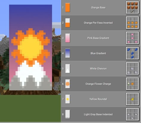 Sunset Banner Minecraft, Minecraft Flower Banner Designs, Sun Banner Minecraft, Mountain Banner, Banners Minecraft, Cool Minecraft Banners, Mc Banner, Minecraft Banner Patterns, Banner Patterns