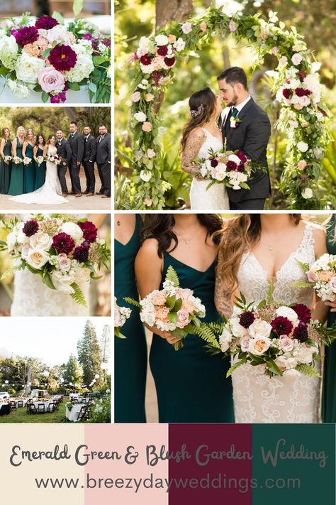 Emerald Blush And Burgundy Wedding, Emerald Green Wedding Fall, Emerald And Burgundy Wedding Theme, Emerald Green Maroon And Gold Wedding, Wine Emerald Blush Wedding, Emerald Green Jewel Tone Wedding, Wmerald Green Bridesmaid Dress, Blush Burgundy Green Wedding, Green White Burgundy Wedding