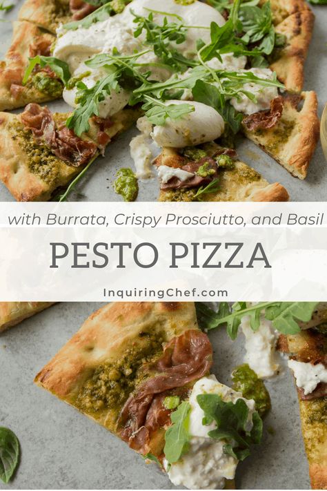 Pizza With Pesto, Pesto Burrata, Burrata Pizza, Fancy Pizza, Prosciutto Pizza, Crispy Prosciutto, Night Recipes, Pesto Pizza, Flatbread Recipes