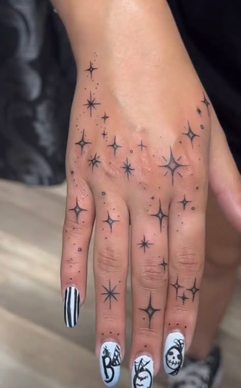 Hand Tattoos Galaxy, Hand Sparkle Tattoos For Women, Celestial Finger Tattoos For Women, Sparkles Hand Tattoo, Star On Hand Tattoo, Hand Star Tattoos For Women, Sparkle Hand Tattoos For Women, Finger Sparkle Tattoo, Hand Stars Tattoo