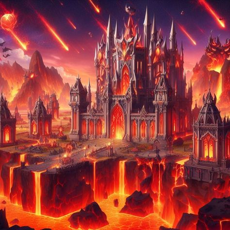 Elemental Plane Of Fire, Fire Castle Aesthetic, Fire City Fantasy Art, Fantasy Fire Kingdom, Fire Kingdom Aesthetic, Lava Kingdom, Kingdom On Fire, Lava Castle, Kingdom Of Fire