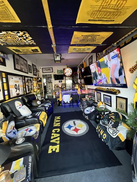 DIY Garage Bars, Man Caves & More | Single Car Garage turned into Steeler Man Cave | Facebook Garage Turned Into Man Cave, Steelers Man Cave Ideas, Single Car Garage Ideas, Garage Makeover Man Cave, Garage Bars, Single Car Garage, Mancave Garage, Diy Garage Bar, Garage To Living Space