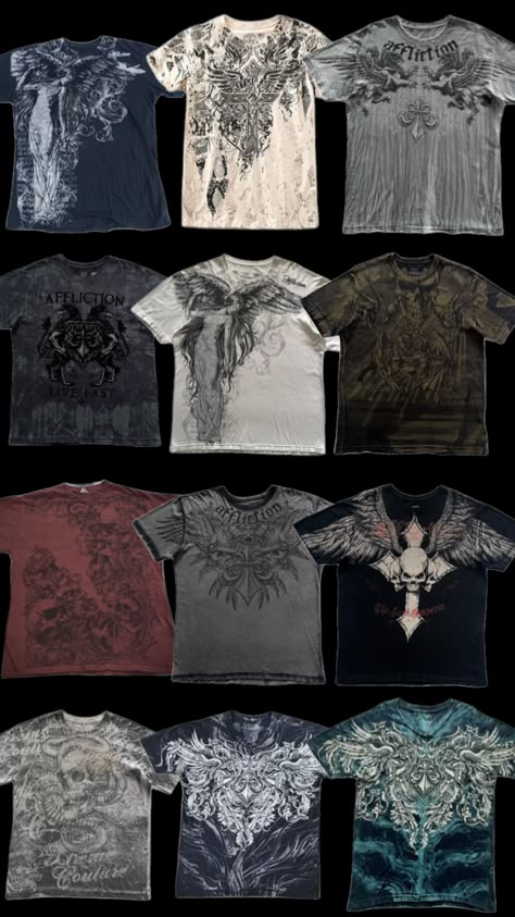 #affliction #shirts Affliction Outfits, Bleached Clothing, Archive Outfits, Fire Clothing, Baggy Clothes Aesthetic, Clothes Baggy, Metal Outfits, Grunge Outfits Men, Grunge Baddie