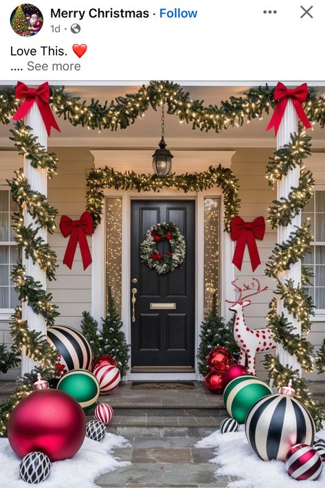 Duplex Christmas Outdoor Decor, Garland Outdoor Front Porches, Christmas Decoration Hallway, Christmas Front Door Garland, Christmas Pillar Decor, Outdoor Gate Christmas Decor, Decorate Porch Columns For Christmas, Outdoor Garland Christmas Porches, Ornament Porch Decor