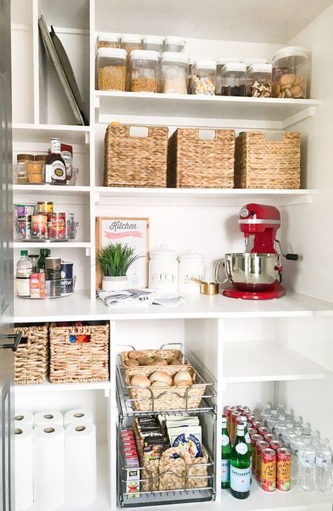 organized small pantry closet with custom shelving Small Pantry Closet, Desain Pantry Dapur, Pantry Closet Organization, Diy Pantry Shelves, Tiny Pantry, Diy Pantry Organization, Small Pantry Organization, Farmhouse Pantry, Organized Pantry