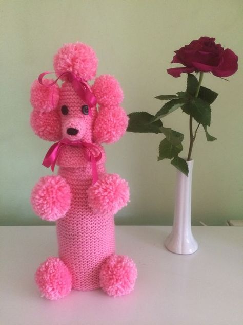 Knitted poodle bottle cover Crochet Poodle Bottle Cover, Wine Bottle Topper, Dog Wine, Bottle Cozies, Wine Bottle Covers, Sock Dolls, Bottle Cover, Wine Bottle Decor, Ribbon Crafts