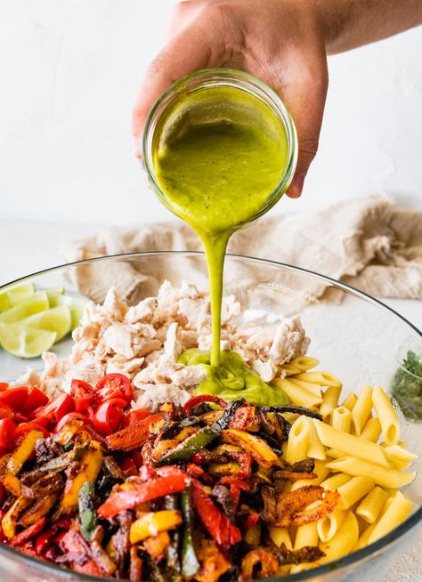 This chicken fajita pasta salad is packed with flavorful sautéed veggies, fresh tomatoes and shredded chicken all tossed in a cilantro lime dressing. Perfect for meal prep or as a side for summer parties. Fajita Salad Dressing, Fajita Pasta Salad, Fajita Chicken Salad, Chicken Fajitas Salad Recipe, Chicken Fajita Pasta Salad, Chicken Fajita Pasta, Party Cooking, Cilantro Lime Dressing, Sauteed Veggies