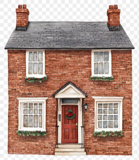 Brick House Illustration, Brick Watercolor, Christmas House Illustration, Watercolor Art Architecture, Watercolour House, Aesthetic Pngs, Cottage Illustration, Pngs Transparent, Town House Architecture