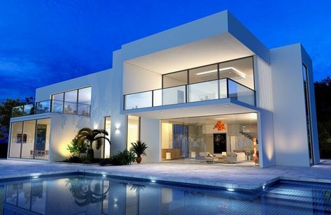 Two story white villa with open living room swimming pool floor to ceiling glass doors and balconies White Glass Door, House With Swimming Pool, Door House, Double Storey House, House Foundation, Fancy Houses, Prefabricated Houses, Open Living Room, Storey Homes