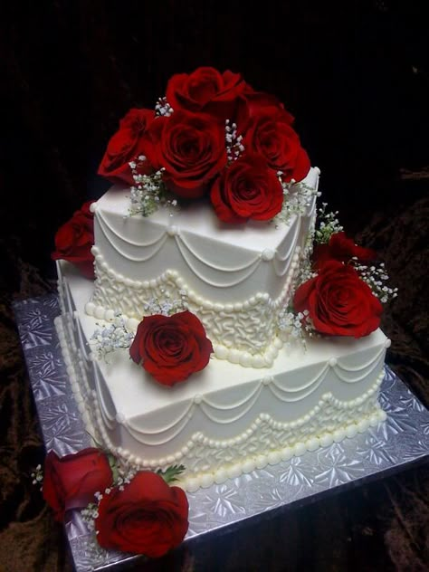 Red Cake Two Tier, Red Rose Wedding Cake 2 Tier, Red Wedding Cake Designs, Wedding Cakes Red And White, Wedding Cakes Red Roses, Simple Wedding Cakes With Cupcakes, Red Wedding Cake Elegant, 2 Tier Square Wedding Cake, 2 Tier Anniversary Cake